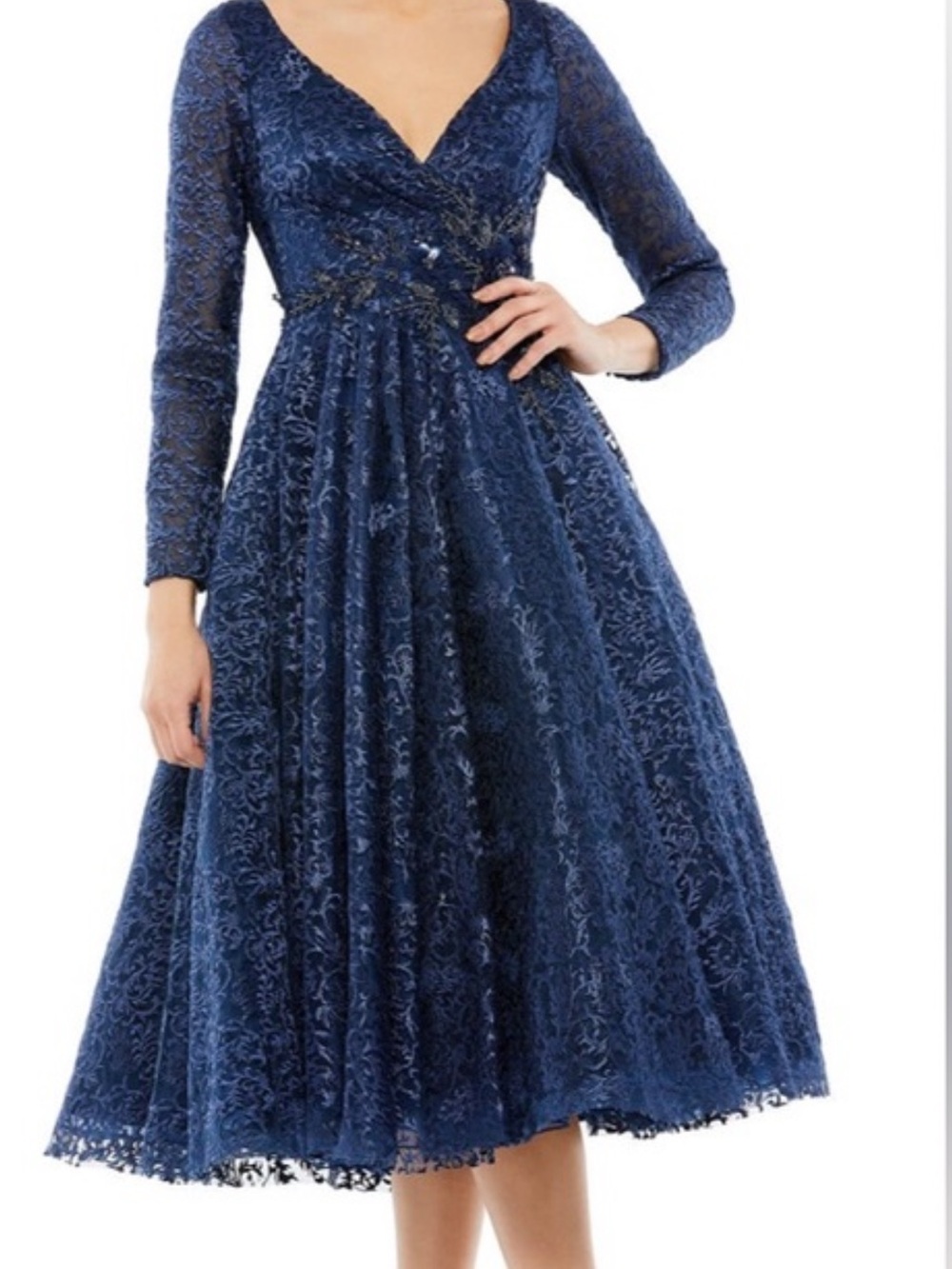 Mac Duggal Navy Lace Tea-Length Dress with V-Neck